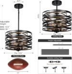 3-Light Dining Room Chandelier，12.6" Rustic Black Drum Chandeliers，Wood Grain and Vintage Light Fixture for Kitchen Entryway Living Room - Image 6