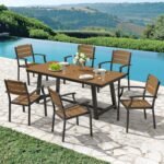 Patio Table and Chairs Set, Patio Furniture Set, 7-Piece, HDPS All-Weather Material Outdoor Dining Set, Outdoor Furniture Set with Umbrella Hole, Brown-Oil Printed - Image 3