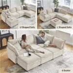 HULALA HOME 127'' Modular Sectional Sofa, Oversized U Shaped Couch with Storage Ottoman, Comfy Chenille Sofa with Deep Seat, 6 Seat Convertible Couches for Living Room, Beige - Image 4