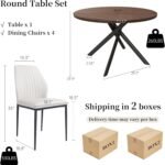 45.3'' Walnut Round Dining Table Set for 4, Mid Century Modern Small Coffee Set for Dining Room Kitchen Apartment (Dark Walnut Table + 4 White Chairs) - Image 3