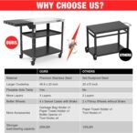 46.6" L x 20" W Three-Shelf Outdoor Grill Table, 4 Swivel Casters with Brake, Movable Outdoor Prep Table with Foldable Side Table, Stainless Steel Pizza Oven Table, BBQ Grilling Table - Image 4