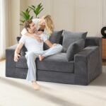 Convertible Sofa Bed, Boneless Couch Loveseat Sleeper, 2 in 1 Folding Couch Bed, Fold Out Comfy Floor Futon Sofa with Pillows for Living Room Bedroom, Grey - Image 3