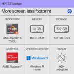 HP 17.3 inch Laptop, HD+ Display, AMD Ryzen 5 7520U, 16 GB RAM, 512 GB SSD, AMD Radeon Graphics, Windows 11 Home, Natural Silver, 17-cp2199nr - Image 3