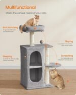 Feandrea Cat Tree, Small Cat Tower for Indoor Cats, Plush Cat Caves with Perch, Scratching Posts, for Small Spaces, Kittens, Light Gray UPCT005G01 - Image 4