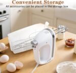 450W Electric Hand Mixer, 5-Speed Handheld Mixer with Storage Case, Turbo & Eject Button, Includes 2 Beaters & 2 Dough Hooks for Baking, Cake, Egg, Cream (White) - Image 4