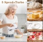450W Electric Hand Mixer, 5-Speed Handheld Mixer with Storage Case, Turbo & Eject Button, Includes 2 Beaters & 2 Dough Hooks for Baking, Cake, Egg, Cream (White) - Image 5