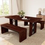3-Piece Dining Table Set for 6-8 People, 70.8'' Rectangle Kitchen Table with 2 Benches for Breakfast Nook, Dining Room Furniture(Walnut Table+Bench) - Image 2