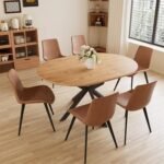 43.2"-59.1" Extendable Round Dining Table Set, Mid Century Wooden Round Kitchen Table, Oak Coffee Table for 4-6 Person,PU Leather Chair - Image 2