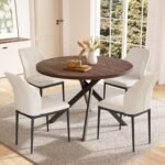 45.3'' Walnut Round Dining Table Set for 4, Mid Century Modern Small Coffee Set for Dining Room Kitchen Apartment (Dark Walnut Table + 4 White Chairs) - Image 2