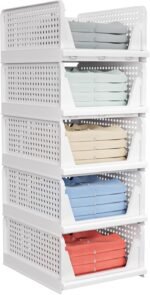 5 Pack Stackable Closet Storage Basket - Stackable Storage Bins, Multifunctional & Foldable Closet Organizer, Wardrobe Cupboard Space-Saving Hat Storage Drawer Organizer, White - Image 2