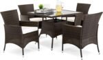 Best Choice Products 5-Piece Indoor Outdoor Wicker Dining Set Furniture for Patio, Backyard w/Square Glass Tabletop, Umbrella Cutout, 4 Chairs - Cream - Image 2