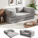 COMAX Folding Sofa Bed Queen, 4-in-1 Foldable Floor Couch Convertible Futon Sofa with Armrests Sleeper Mattress Chair Bed Comfy Portable Fold Out Lounge Guest for Living Room Bedroom, Light Grey - Image 2