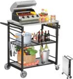 Ciokea Folding Outdoor Grill Cart with Wheels, 3-Shelf Grill Table with 27x18 in Stainless Steel Top, Rolling Pizza Oven Stand, Metal Portable Cart for BBQ Patio Camping (Black) - Image 2