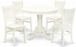 East West Furniture ANVA5-LWH-W 5 Piece Kitchen Table Set for 4 Includes a Round Dining Room Table with Pedestal and 4 Solid Wood Seat Chairs, 36x36 Inch, Linen White - Image 2