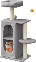 Feandrea Cat Tree, Small Cat Tower for Indoor Cats, Plush Cat Caves with Perch, Scratching Posts, for Small Spaces, Kittens, Light Gray UPCT005G01 - Image 2