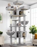 Globlazer Cat Trees and Towers for Multiple Adult Cats, 82-inch XXL Tall Cat Tree Tower for Indoor Cats with Scratching Post, 3 Perches, 2 Condos, 2 Hanging Baskets, F82, Light Grey - Image 2