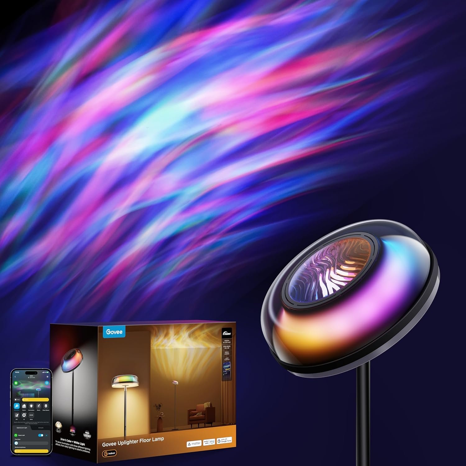 Govee Uplighter Floor Lamp for Living Room, RGBIC Ripple Projector, Floor Lamp for Bedroom Works with Matter, 215 ft² Light Area, 1000lm LED Modern Corner Floor Light, Warm Cool White Standing Lamp - Image 2