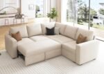 HONBAY Modular Sectional Sleeper Sofa with Pull Out Bed, L Shaped Couch with Storage Seat, Convertible Sectional Couches for Living Room, Beige - Image 2