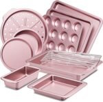 HONGBAKE Bakeware Sets, Baking Pans Set, Nonstick Oven Pan for Kitchen with Wider Grips, 10-Piece Including Rack, Cookie Sheet, Cake Pans, Loaf Pan, Muffin Pan, Pizza Pan - Pink - Image 2