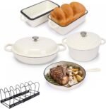 Hisencn Enameled Cast Iron Cookware Set, 7-Piece Dutch Oven, Skillet & Bread Pan with Rack, Induction & Oven Safe, Cream White - Image 2