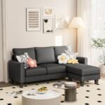 JUMMICO Couch for Small Living Room, 73" Small Sofa with Reversible Ottoman, 3 Seat L-Shaped Sofas, Comfy Couches for Apartment (Linen Fabric, Dark Grey) - Image 2