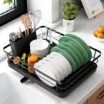 Kitsure Dish Drying Rack for Kitchen Counter, Stainless Steel Sink Organization and Storage Essentials with Cutlery Holder, Home and Appartment Decor, 12''W x 15.5''L, Black - Image 2