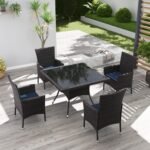 Kurapika 5-Piece Patio Furniture Outdoor Dining Set, Wicker Rattan Patio Dining Table and Chairs Set, Square Tempered Glass Tabletop with 4 Chair Set, Navy Blue - Image 2