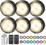 LED Puck Lights with Remote Battery Operated Under Cabinet Lighting Wireless Stick on Lights Color Changing Timer Tap Lights for Cabinets Shelves Closets Display Case - 6Pack Black - Image 2