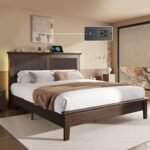Lifezone Wood Queen Bed, Solid Wood Bed With Tall Headboard, American Vintage Design, Queen Bed With Charging Station & RGB LED, Wood Slats Support, Noise-Free, Sturdy Structure, Easy Assembly, Walnut - Image 2