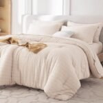 MUXHOMO 7 Pieces Queen Comforter Set, Seersucker Bed in a Bag Queen Size, All Season Luxury Bedding Set with Comforter, Flat Sheet, Fitted Sheet, Pillowcases & Shams, Beige - Image 2
