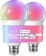 OREiN Matter Smart Light Bulb, 1600 Lumens 100W Equivalent Smart Light Bulbs, Color Changing Light Bulbs Work with Apple Home, Alexa, Google Home, SmartThings, A21 Smart Bulbs 2.4Ghz WiFi, 2Pack - Image 2