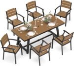 Patio Table and Chairs Set, Patio Furniture Set, 7-Piece, HDPS All-Weather Material Outdoor Dining Set, Outdoor Furniture Set with Umbrella Hole, Brown-Oil Printed - Image 2