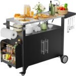 ROOMTEC Outdoor Grill Cart with Storage,Patio Kitchen Island with WheelsHooks and Spice Rack,Waterproof Outdoor Grill Table,Movable BBQ Serving Cart Rolling Bar Cart for Home Party Bar - Image 2
