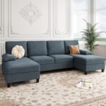 Shintenchi U-Shaped Sectional Sofa with Double Chaise, 4-Seat Linen Fabric Living Room Furniture Set, Dark Grey - Image 2