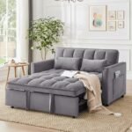 Sleeper Sofa Bed,55'' Convertible Pull Out Couch With Side Pockets,Velvet Fabric Loveseat Sleeper Sofa with Adjustable Backrest for Living Room,Bedroom,Apartment and Small Space, DarkGrey - Image 2