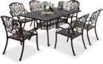 VINGLI 7-Piece Outdoor Dining Set, Cast Aluminum Patio Furniture Set for 6 with Umbrella Hole, Rectangular Outdoor Dining Table & 6 Stackable Chairs, All-Weather Garden/Poolside Dining Set Bronze - Image 2