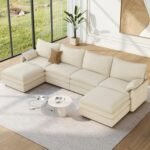 Vesgantti 142" U Shaped Sectional Couch, Comfy Cloud Modular Sectional Sofa with 2 Ottoman Deep Seat Chenille Modern Cloud Sofa, Modular Sofas for Living Room, Bedroom and Apartment, Beige - Image 2