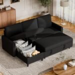 Vongrasig Pull Out Couch, Convertible Sleeper Sofa Bed with Storage, L-Shaped Sofa Bed with Storage Chaise Linen Fabric for Living Room, Apartment, Small Space, Black - Image 2