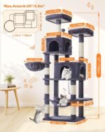 Taoqimiao Cat Tree, 66.2-Inch Cat Tower for Indoor Cats, Plush Multi-Level Cat Condo with 7 Scratching Posts, 2 Perches, 2 Caves, Hammock, 2 Pompoms, Smoky Gray MS013G - Image 3