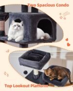 Taoqimiao Cat Tree, 66.2-Inch Cat Tower for Indoor Cats, Plush Multi-Level Cat Condo with 7 Scratching Posts, 2 Perches, 2 Caves, Hammock, 2 Pompoms, Smoky Gray MS013G - Image 4