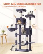 Taoqimiao Cat Tree, 66.2-Inch Cat Tower for Indoor Cats, Plush Multi-Level Cat Condo with 7 Scratching Posts, 2 Perches, 2 Caves, Hammock, 2 Pompoms, Smoky Gray MS013G - Image 5