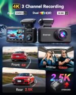 REDTIGER F17 Elite 4K Dash Cam 3 Channel, STARVIS 2 IMX678 & IMX675, Front and Rear Inside Car Camera for Cars, 128GB Card, Full Color Night Vision, 5.8GHz WiFi GPS, HDR, Touchscreen - Image 3