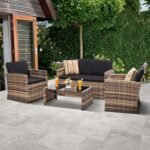 4 Pieces Patio Conversation Set, Outside Rattan Sectional Sofa, Cushioned Furniture Set, Wicker Sofa Ideal for Garden, Porch, Backyard, Natural Color Rattan and Black Cushion - Image 3