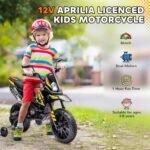 Qaba 12V Kids Motorcycle, Aprilia Licenced Electric Motorcycle for Kids with Training Wheels, Spring Suspension, LED Light, USB, Music, Battery Powered Electric Dirt Bike for Boys Girls, Yellow - Image 4