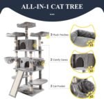 Allewie 68 Inches Cat Tree/House and Towers for Big Feline/Scratching Post/Multi-Level Large Kitty Climbing Tree with Condo/Light Grey - Image 6