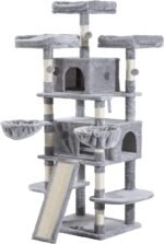 Allewie 68 Inches Cat Tree/House and Towers for Big Feline/Scratching Post/Multi-Level Large Kitty Climbing Tree with Condo/Light Grey - Image 10