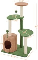 Yaheetech 42in Cactus Cat Tree, Green Cat Tree Tower w/Pumpkin Condo, Multi-Level Perches, 3 Scratching Posts, Teasing Ball for Indoor Kittens - Image 5