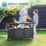 YITAHOME Large Outdoor Kitchen Wicker Island Rolling Cart, Patio Bar Table with Thickened Frame, Patio Storage Cabinet w/Wheels and Black Glass Table Top Backyard and Poolside Dark Brown - Image 3