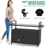 YITAHOME Large Outdoor Kitchen Wicker Island Rolling Cart, Patio Bar Table with Thickened Frame, Patio Storage Cabinet w/Wheels and Black Glass Table Top Backyard and Poolside Dark Brown - Image 4