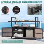 YITAHOME Large Outdoor Kitchen Wicker Island Rolling Cart, Patio Bar Table with Thickened Frame, Patio Storage Cabinet w/Wheels and Black Glass Table Top Backyard and Poolside Dark Brown - Image 6